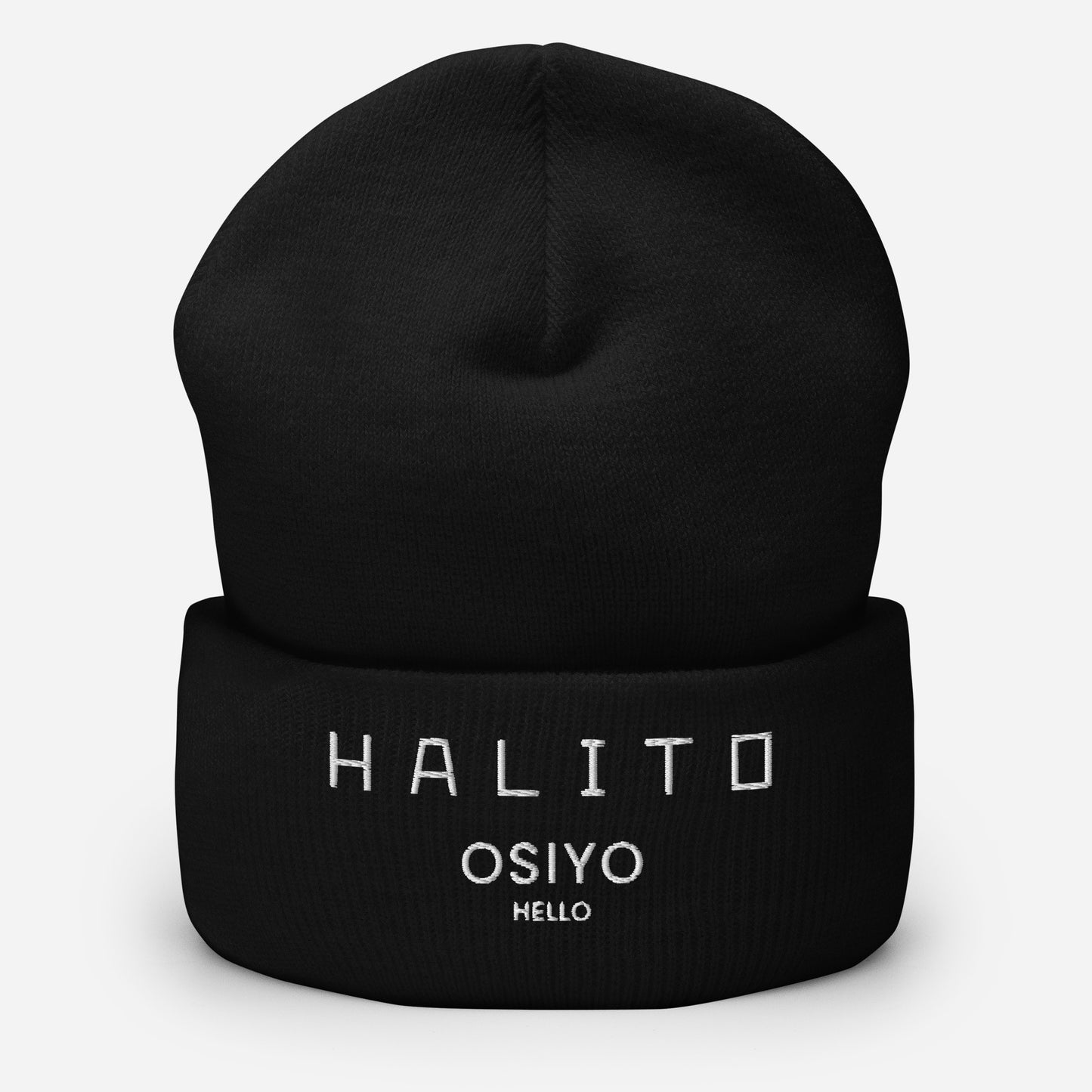 HALITO OSIYO HELLO "CLASSIC" WHITE EMBROIDERY CUFFED BEANIE