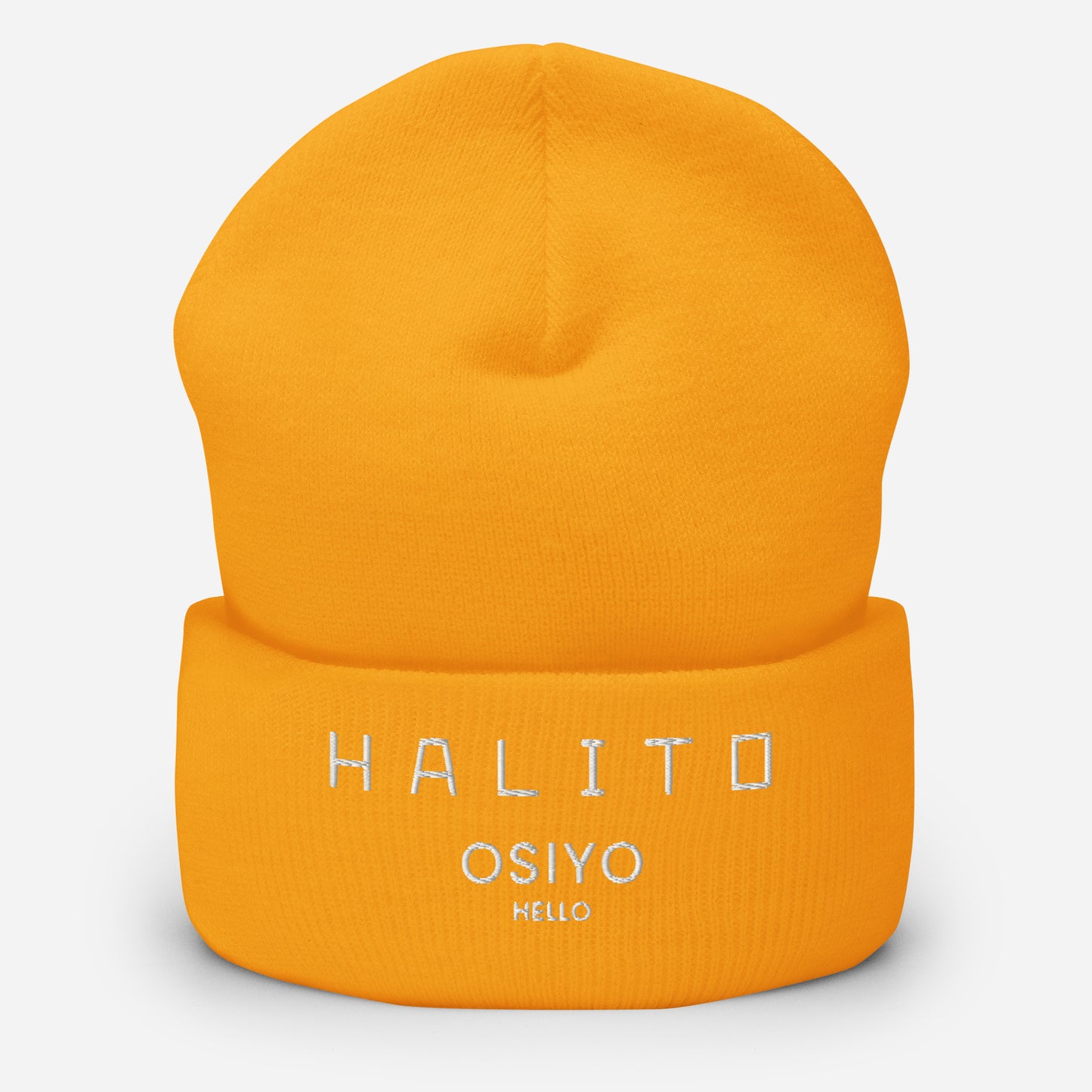 HALITO OSIYO HELLO "CLASSIC" WHITE EMBROIDERY CUFFED BEANIE