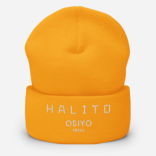 HALITO OSIYO HELLO "CLASSIC" WHITE EMBROIDERY CUFFED BEANIE