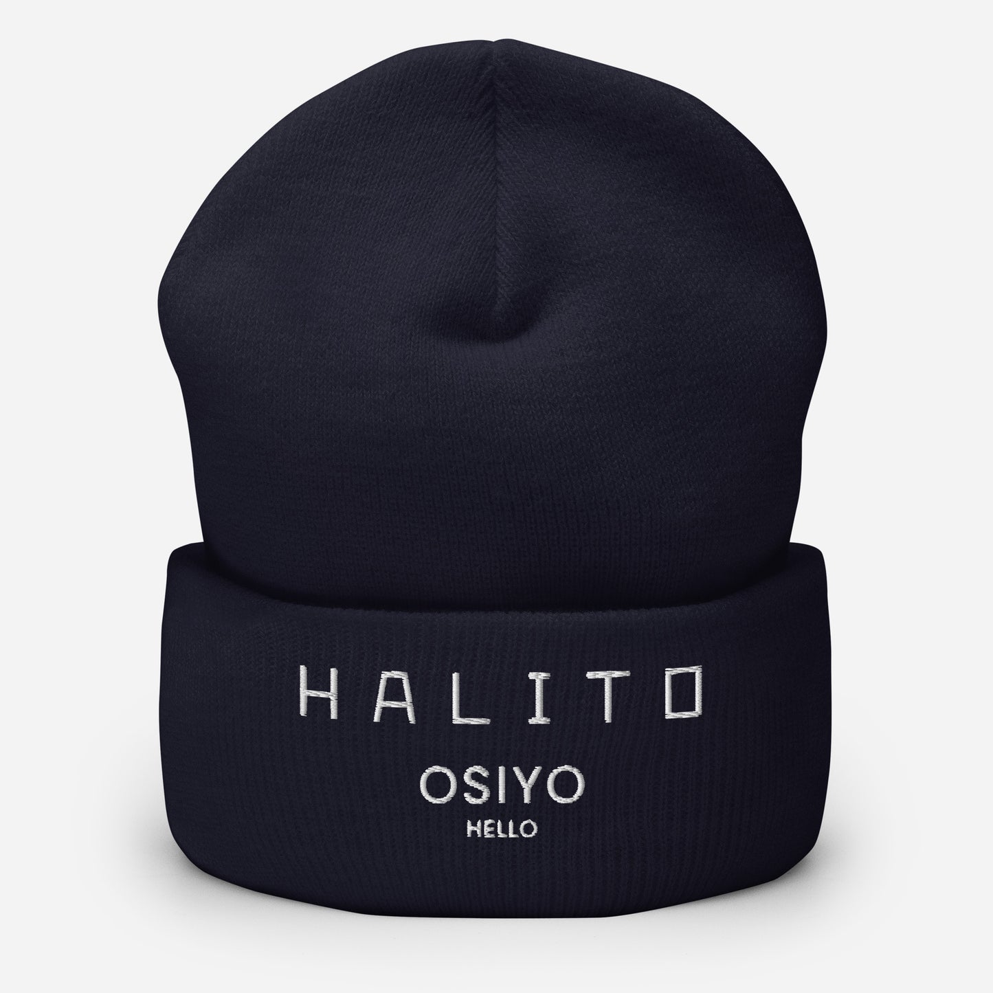 HALITO OSIYO HELLO "CLASSIC" WHITE EMBROIDERY CUFFED BEANIE