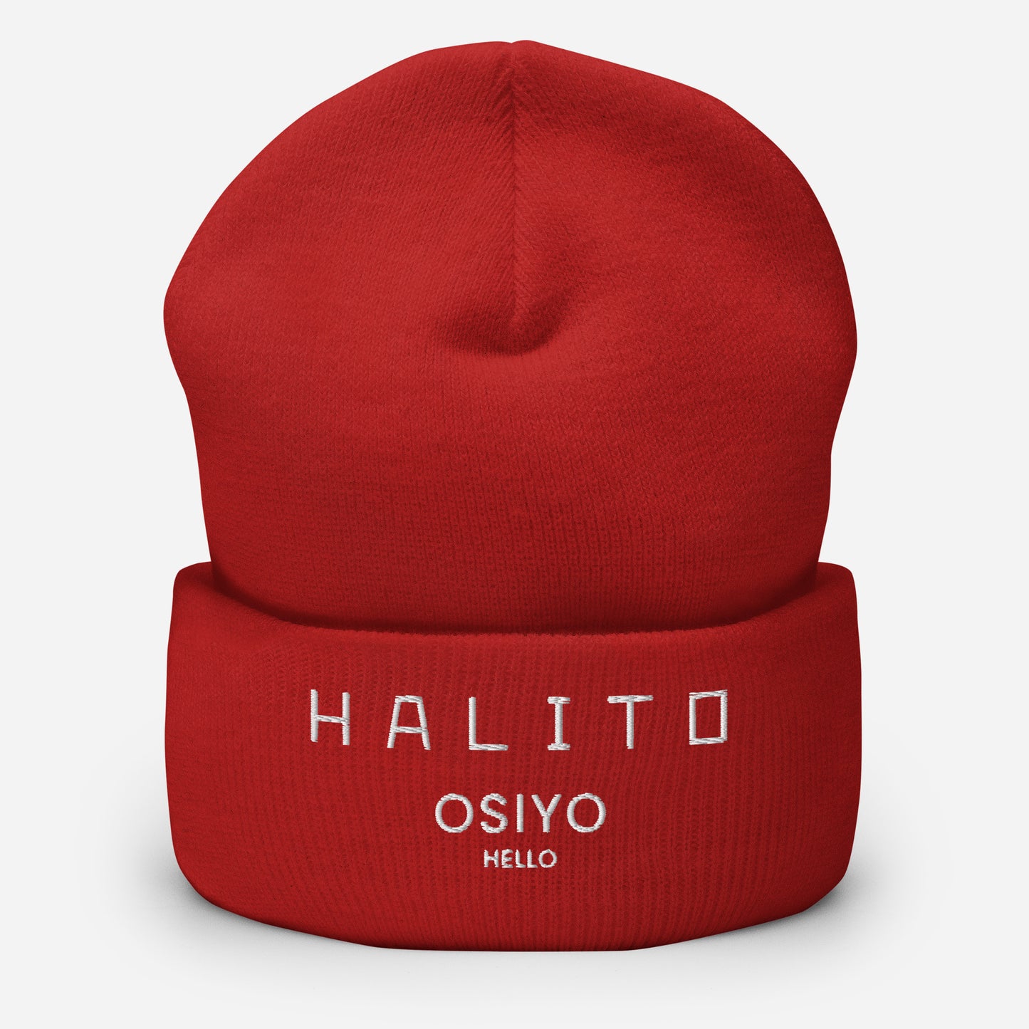 HALITO OSIYO HELLO "CLASSIC" WHITE EMBROIDERY CUFFED BEANIE