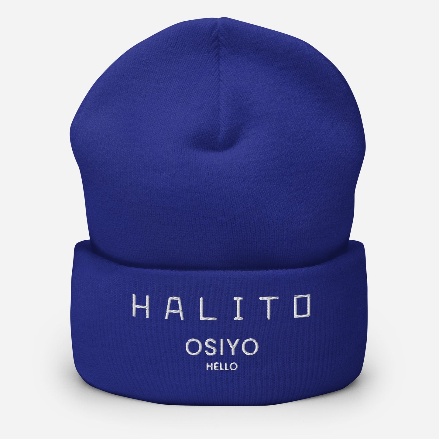 HALITO OSIYO HELLO "CLASSIC" WHITE EMBROIDERY CUFFED BEANIE