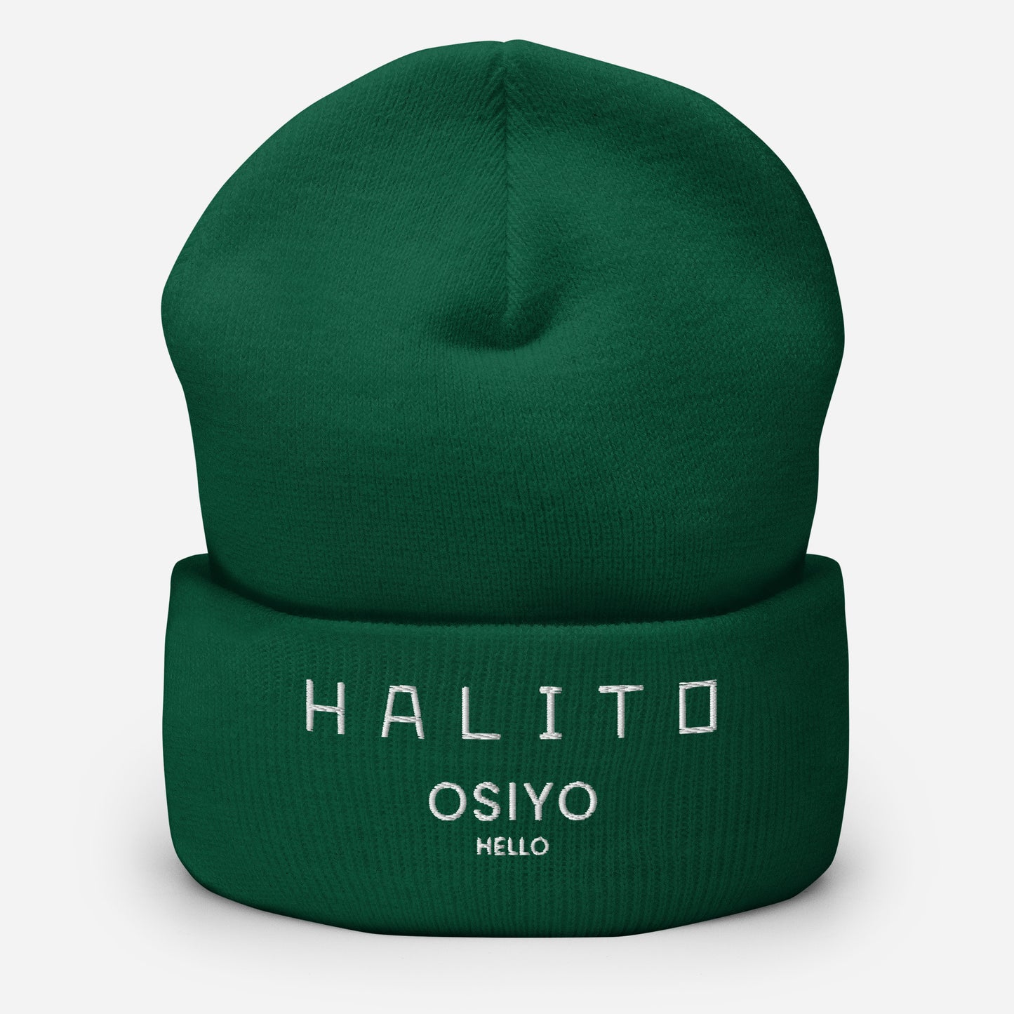 HALITO OSIYO HELLO "CLASSIC" WHITE EMBROIDERY CUFFED BEANIE