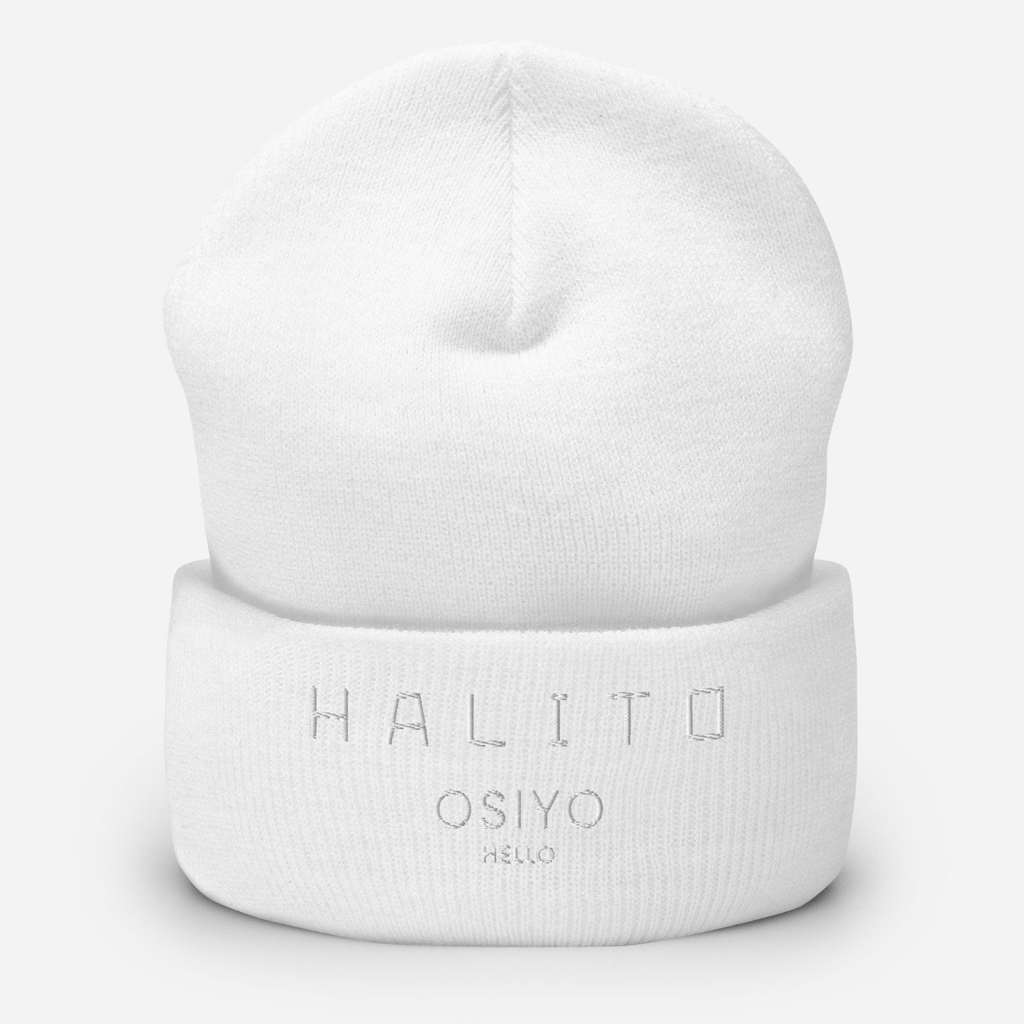 HALITO OSIYO HELLO "CLASSIC" WHITE EMBROIDERY CUFFED BEANIE