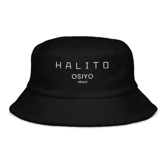 HALITO OSIYO HELLO "CLASSIC" WHITE EMBROIDERY Unstructured terry cloth bucket hat