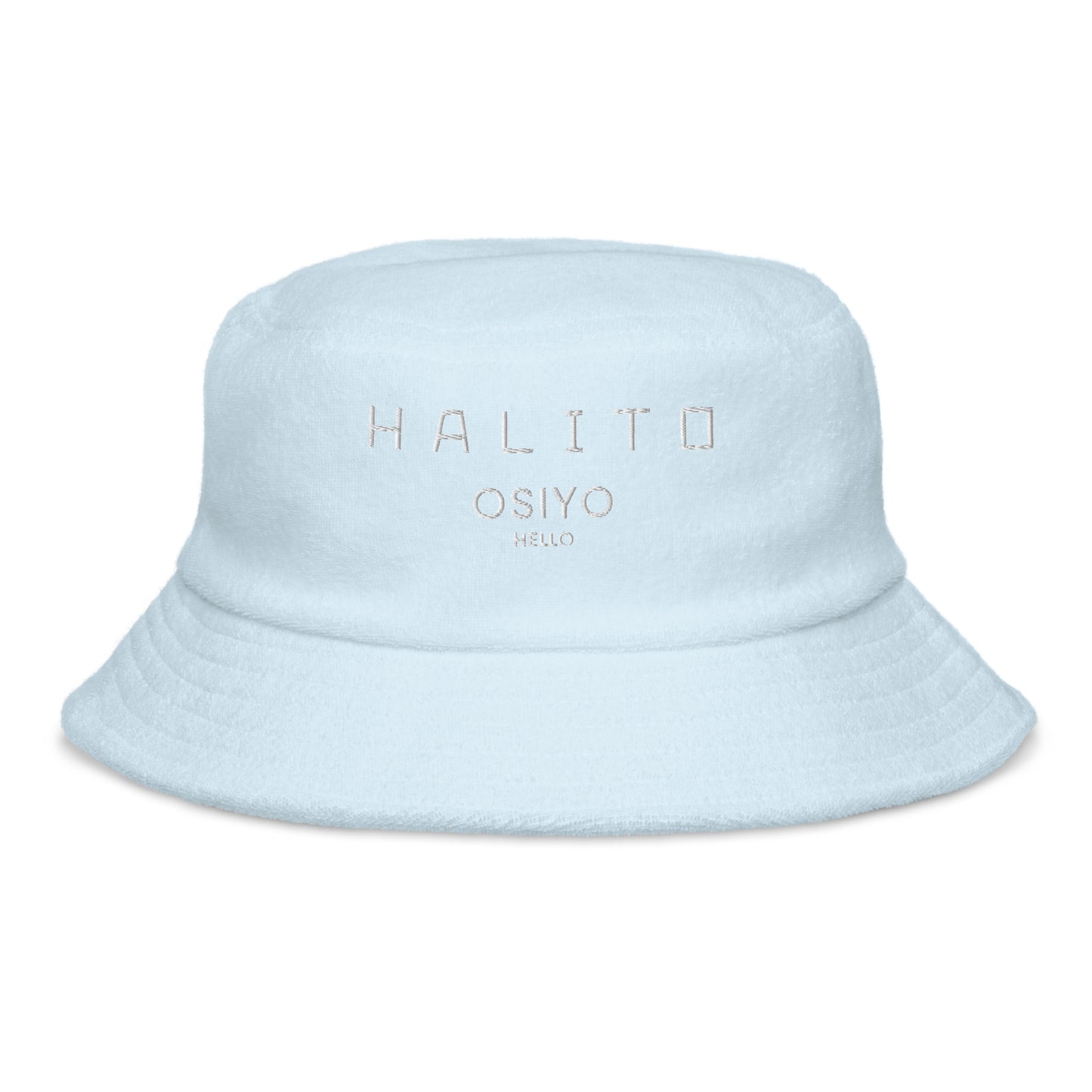 HALITO OSIYO HELLO "CLASSIC" WHITE EMBROIDERY Unstructured terry cloth bucket hat