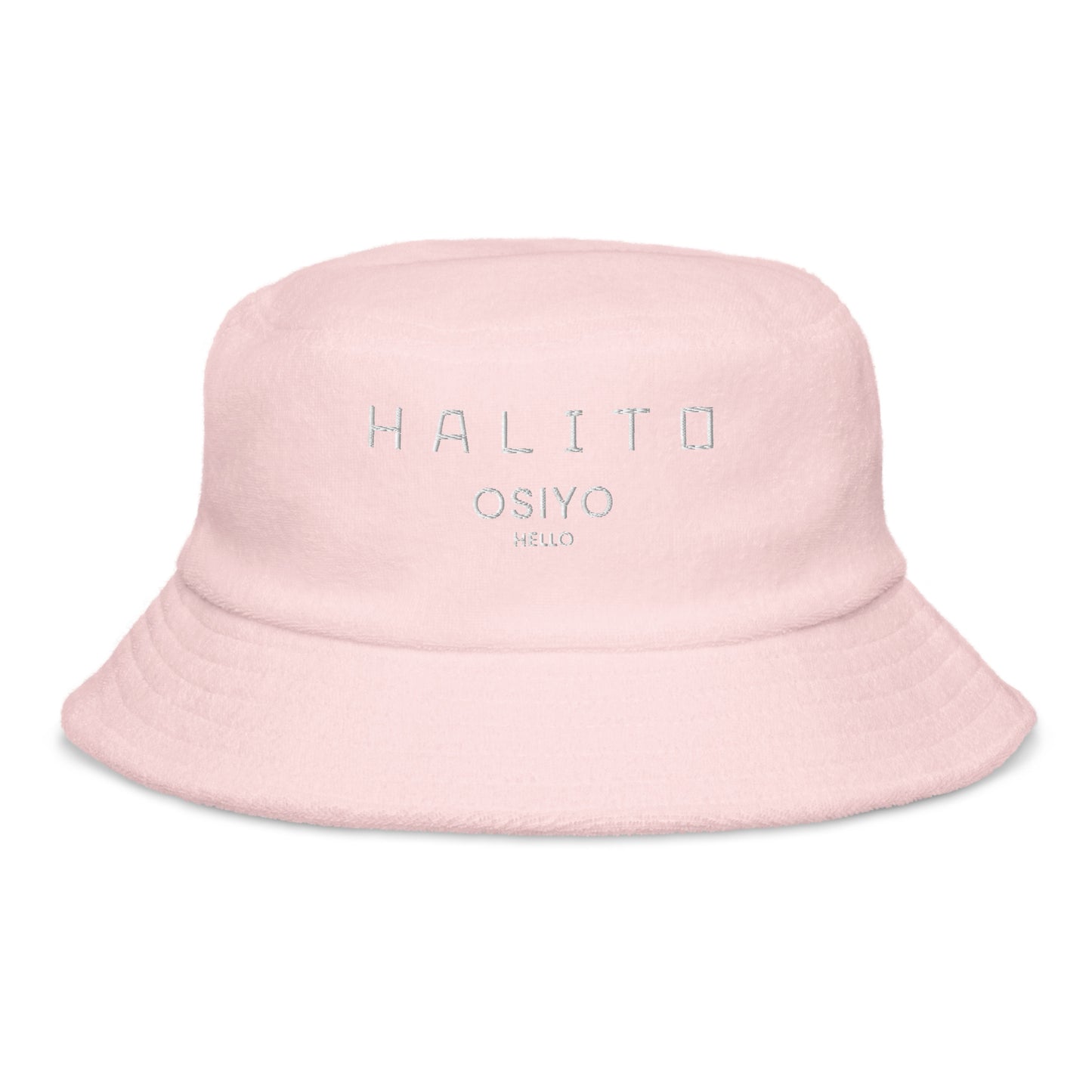 HALITO OSIYO HELLO "CLASSIC" WHITE EMBROIDERY Unstructured terry cloth bucket hat