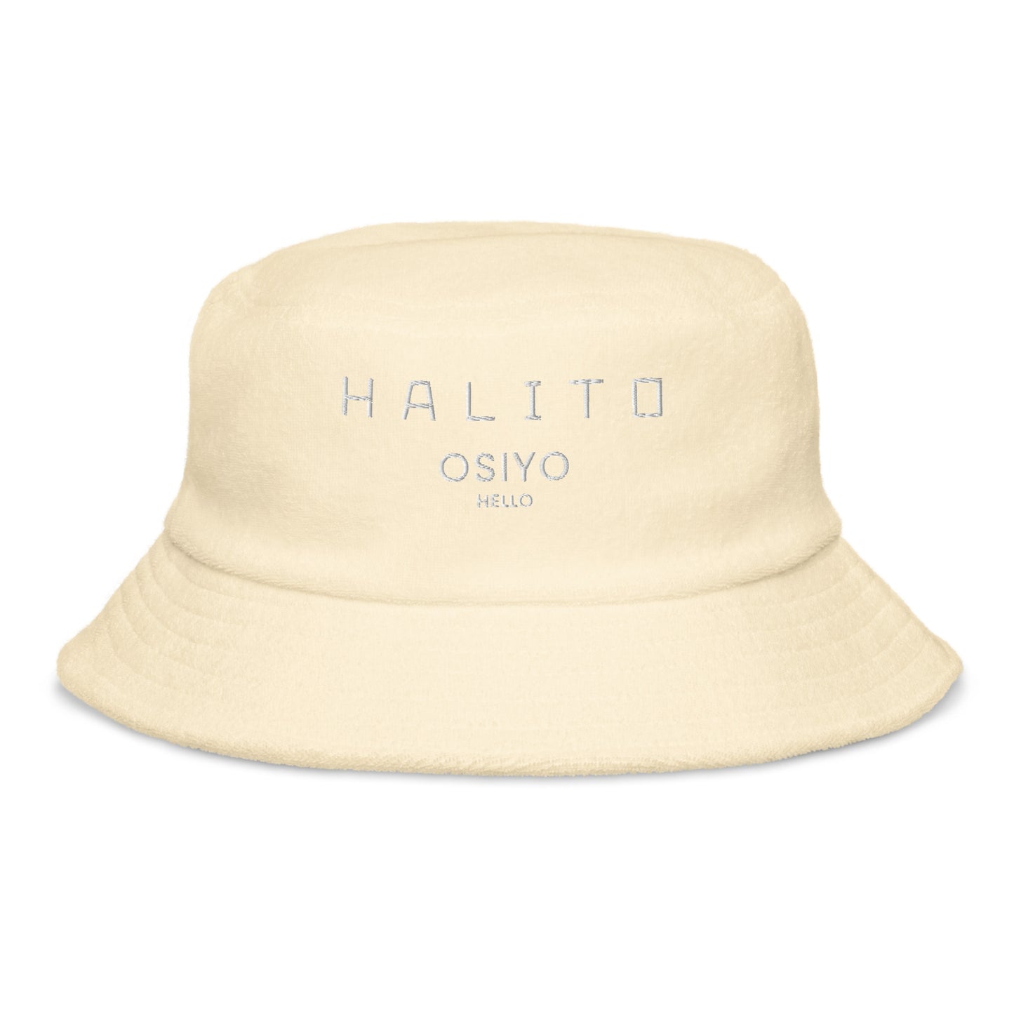 HALITO OSIYO HELLO "CLASSIC" WHITE EMBROIDERY Unstructured terry cloth bucket hat