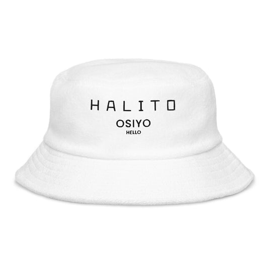 HALITO OSIYO HELLO "CLASSIC" BLACK EMBROIDERY Unstructured terry cloth bucket hat